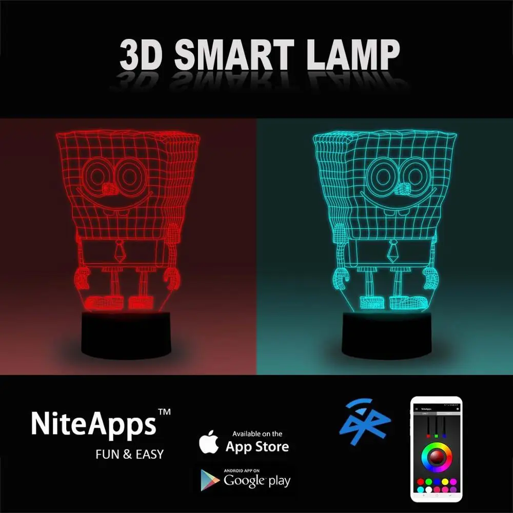 NiteApps 3D Губка Боб ночник настольная лампа Иллюзия подарок на день рождения приложение/сенсорное управление