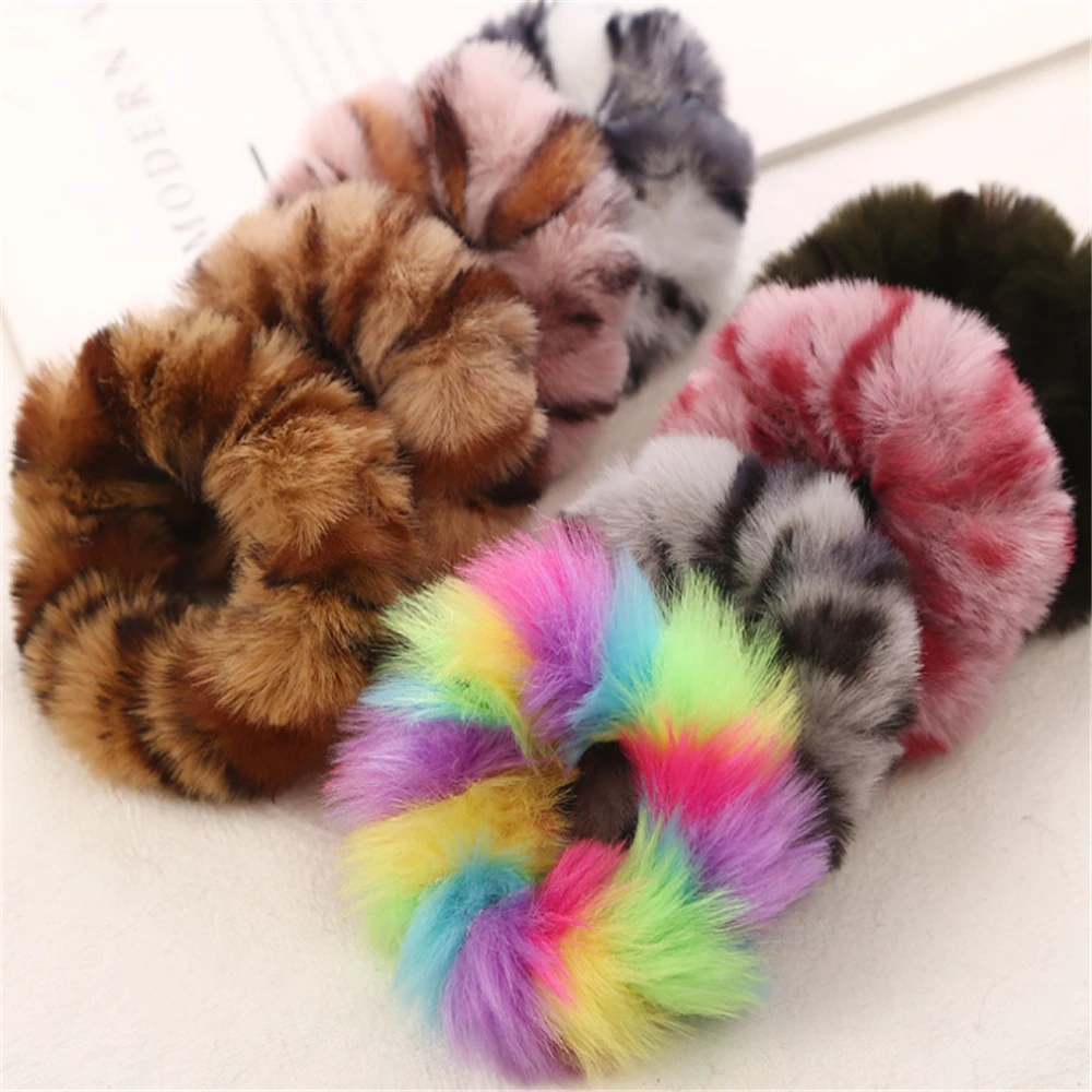 

1 Pcs New Fashion Colorful Leopard Print Plush Fur Scrunchies Elastic Hair Bands For Girls Warm Ponytail Holder For Girl Women