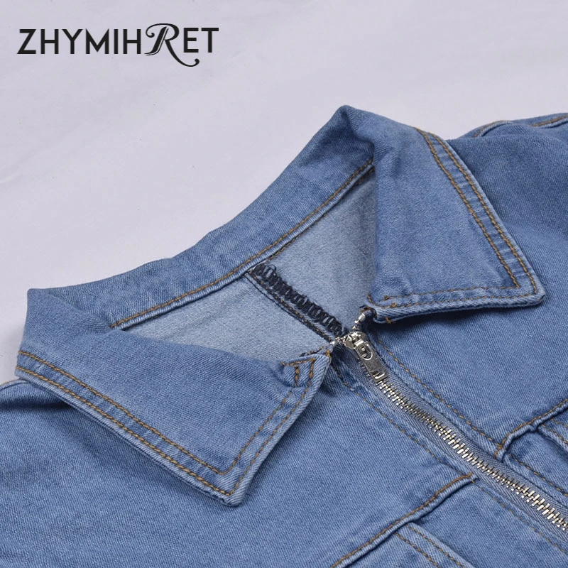 Женский джинсовый комбинезон ZHYMIHRET с отложным воротником и коротким рукавом