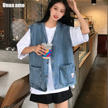 

Unua amo V-neck Denim Vest Women Loose Casual Pocket Sleeveless Jacket Female 2020 Vintage Spring Summer Jeans Waistcoat