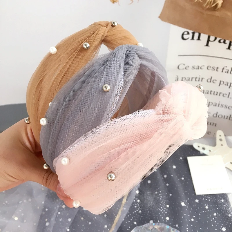 

Korean Mesh Yarn Beaded Cross Knotted Hair Bands for Women Pearl Hair Accessries Flower Headband for Girls Hair Bows Head Wrap