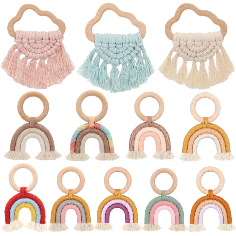 RainbowTasselMacrameWoodenBabyTeetherWoodenRattleRingNewbornNursingTeetherSensory