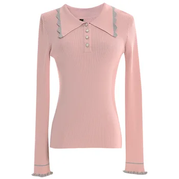 

Wavy Turtleneck Pullover Sweater Women Slim Knit Lady Sweater Long Sleeves Show Slimming Bottom Top Clothes Metal Button 2020