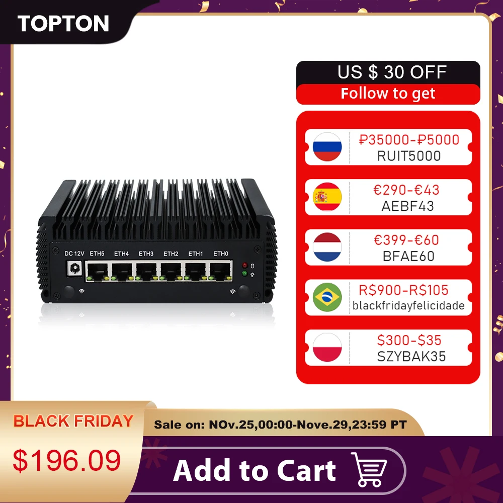 Мини-ПК без кулера 6 Intel Nics AES-NI 10th Pentium Gold 6405U i7 i5 2 * DDR4 Pfsense Router Openwrt Centos Ubuntu Vyos |