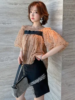 

Trendy Flocking Loose Meat-Covered Puff Sleeve Sweet Girl's Shirt Short-Sleeved Top Women's Fashion Summer New