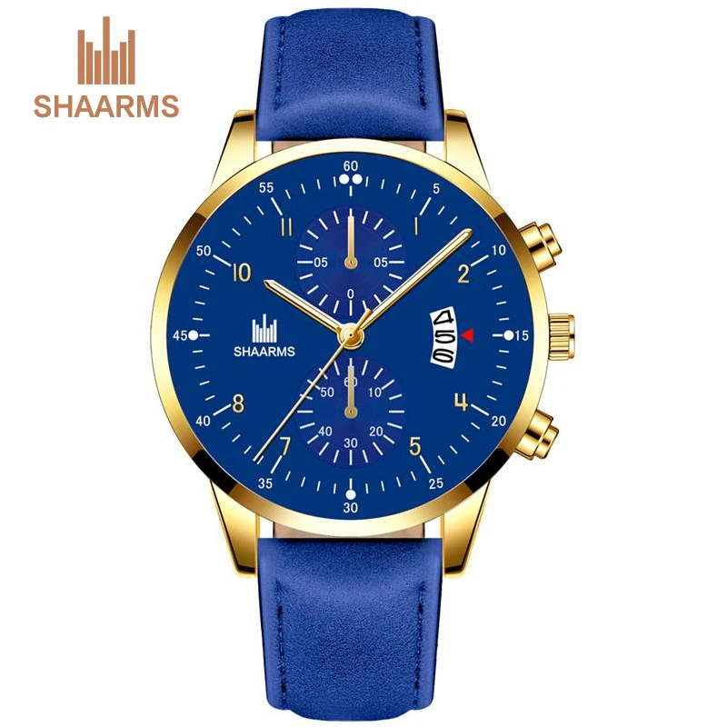 

SHAARMS Fashion Leather Strap Men Wrist Watch Alloy Case Casual Calendar Analog Quartz Watches Relogio Masculino Drop Shipping