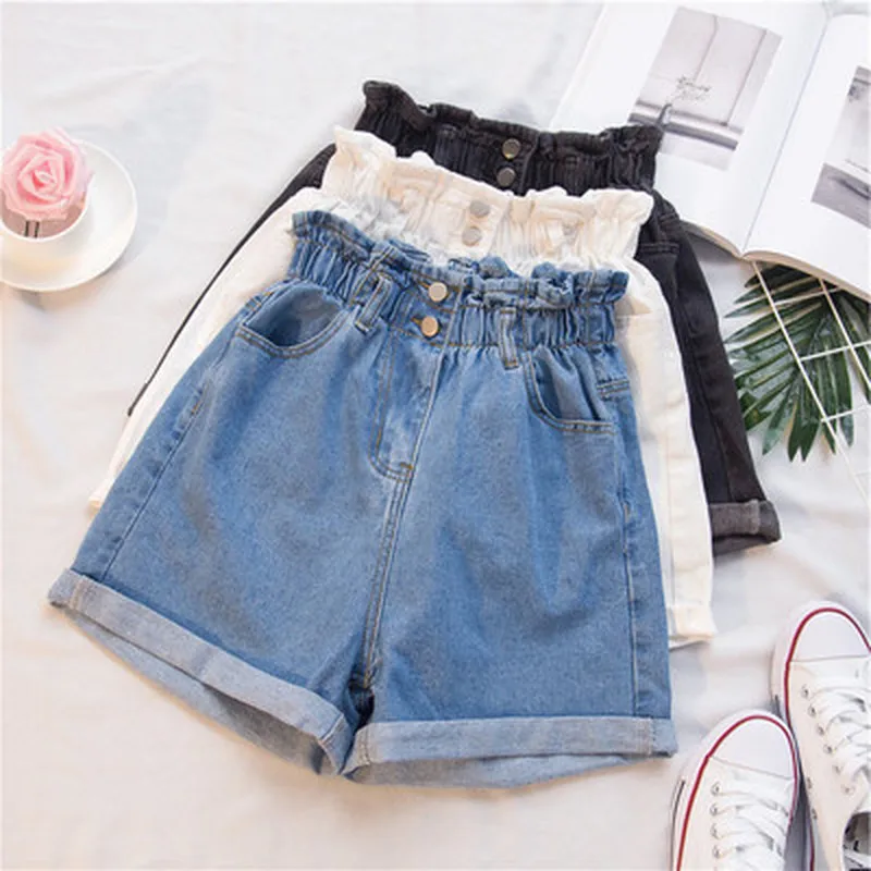 

Plus Size Summer Black Women Denim Shorts Large Size 5Xl Harem Ruffle High Waisted Shorts Elastic Waist Jeans Women Clothing