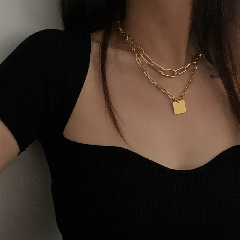 Peri'sBox Simple Double Layer Oval Chain Square Pendant Necklace Fashion Punk Goth Necklaces For The New Year Gifts Jewelry 2020 - Image 3