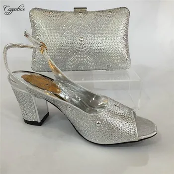 

Latest party pumps with bag silver African high heel sandal shoes and handbag sets with rhinestones GY15, Heel Height 6CM