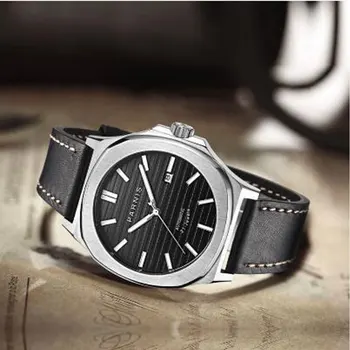 

Dress PARNIS Brand High Quality Black Dial Automatic Men's Watch Sapphire Crystal Auto Date 44mm Self Winding Watch
