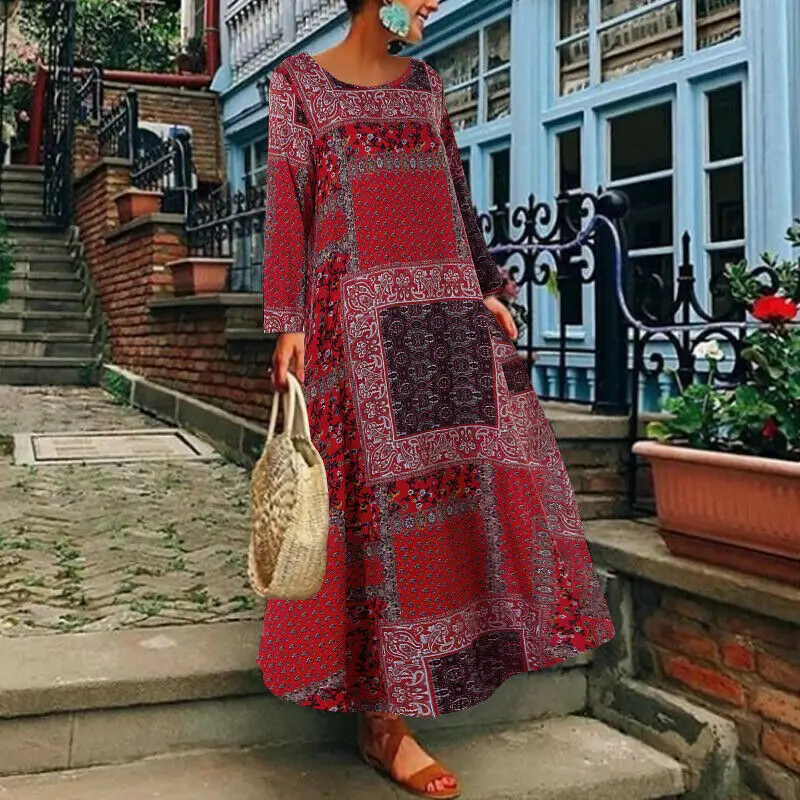 

Print Oversized Autumn Boho Maxi Woman Dress Loose Beach Long Sleeve Vintage Beach Dresses Red Pockets Party Vestido