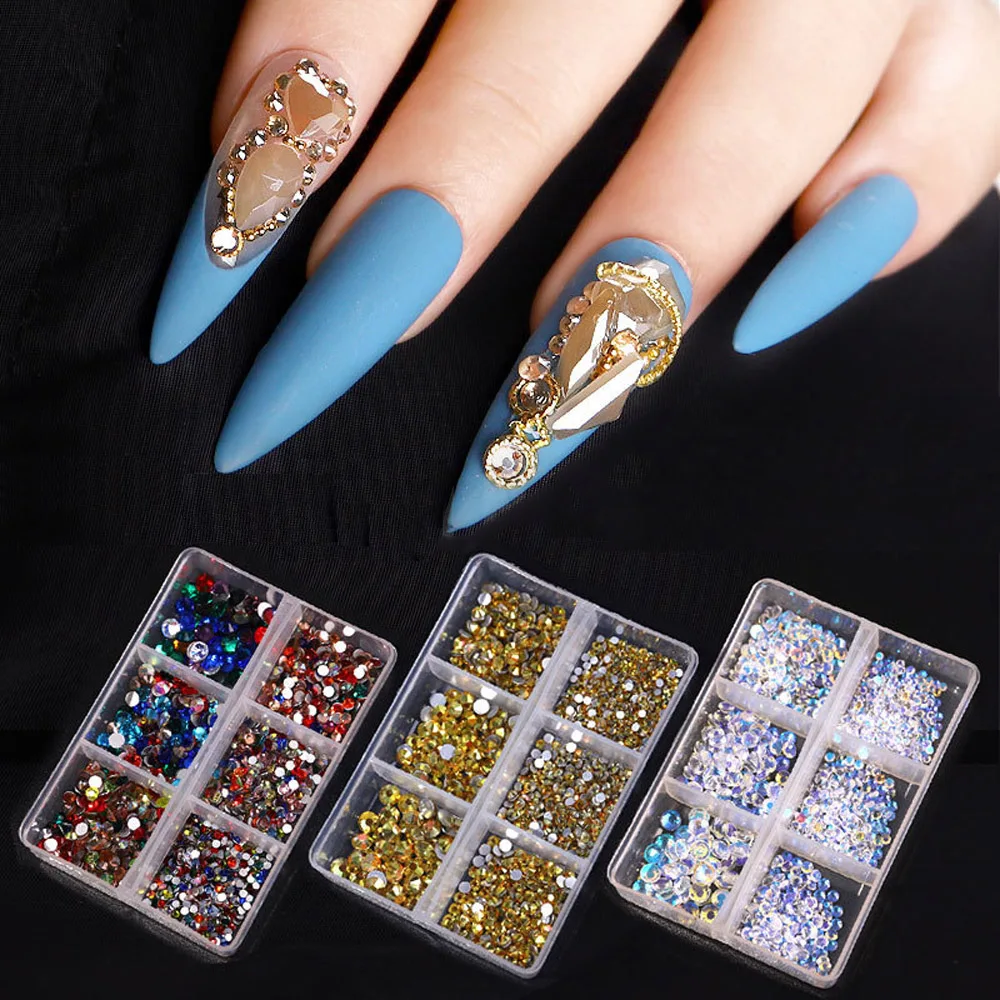 6 Gird Box Blue Nail Rhinestones AB Green Silver 3D Crystal Nails Art  Rhinestone Flatback Glass Diamond Gems Decoration NFYW24 - AliExpress