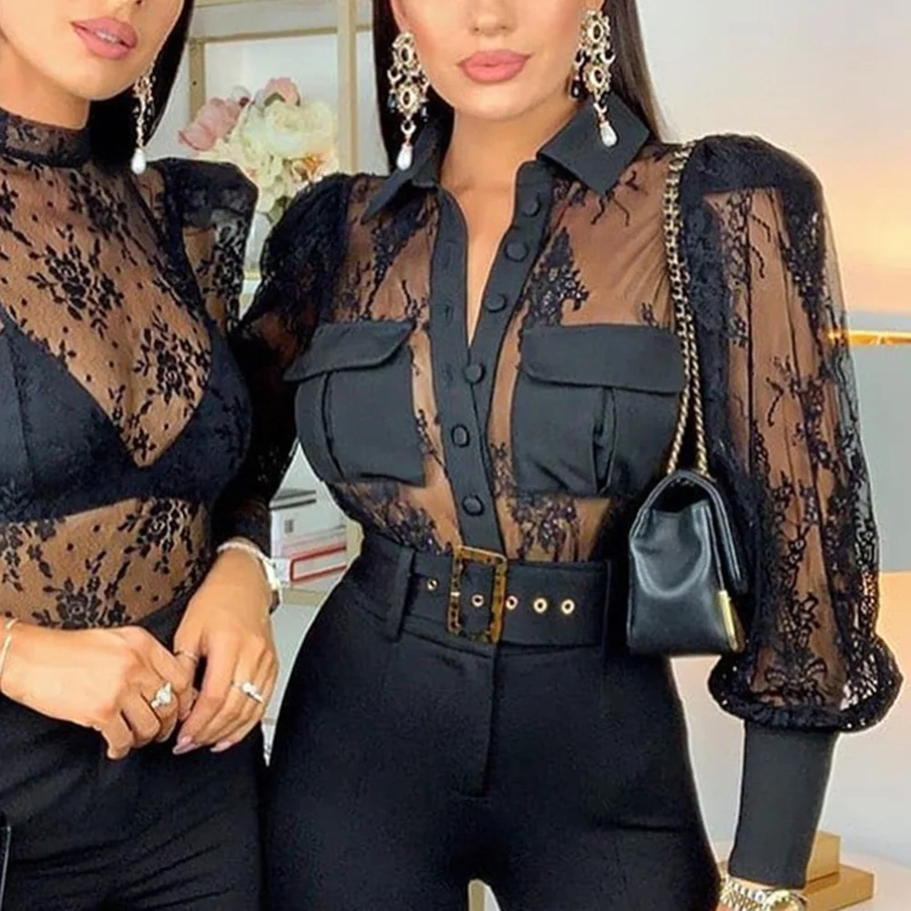 

Black Sexy Lace Blouse Women Mesh See Through Transparent Tops Long Sleeve Blouses 2020 Summer Elegant Fashion Office Shirts