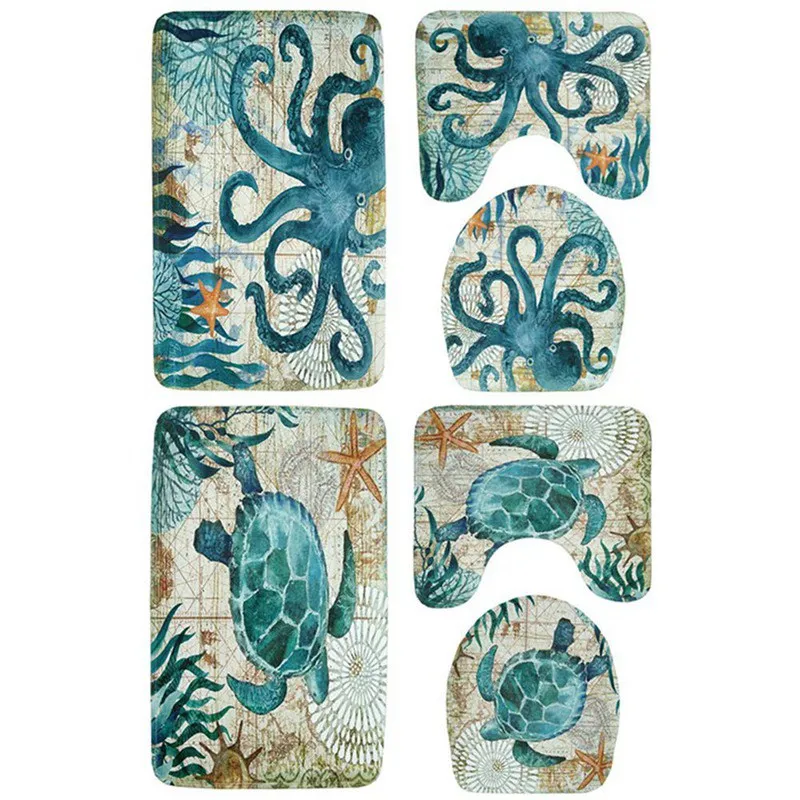3pcs/set Sea Turtles Waterproof Non-Slip Bathroom Shower Curtain Toilet Cover Mat Rug Set Bathroom Decor Supplies