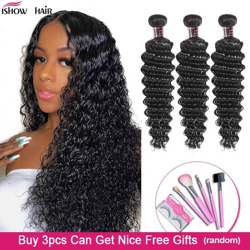 Ishow Braziliaanse Diepe Golf Bundels Met Gratis Geschenken Natuurlijke Kleur Diep Krullend 100% Menselijk Haar Bundels Braziliaanse Haar Weefsel Bundels