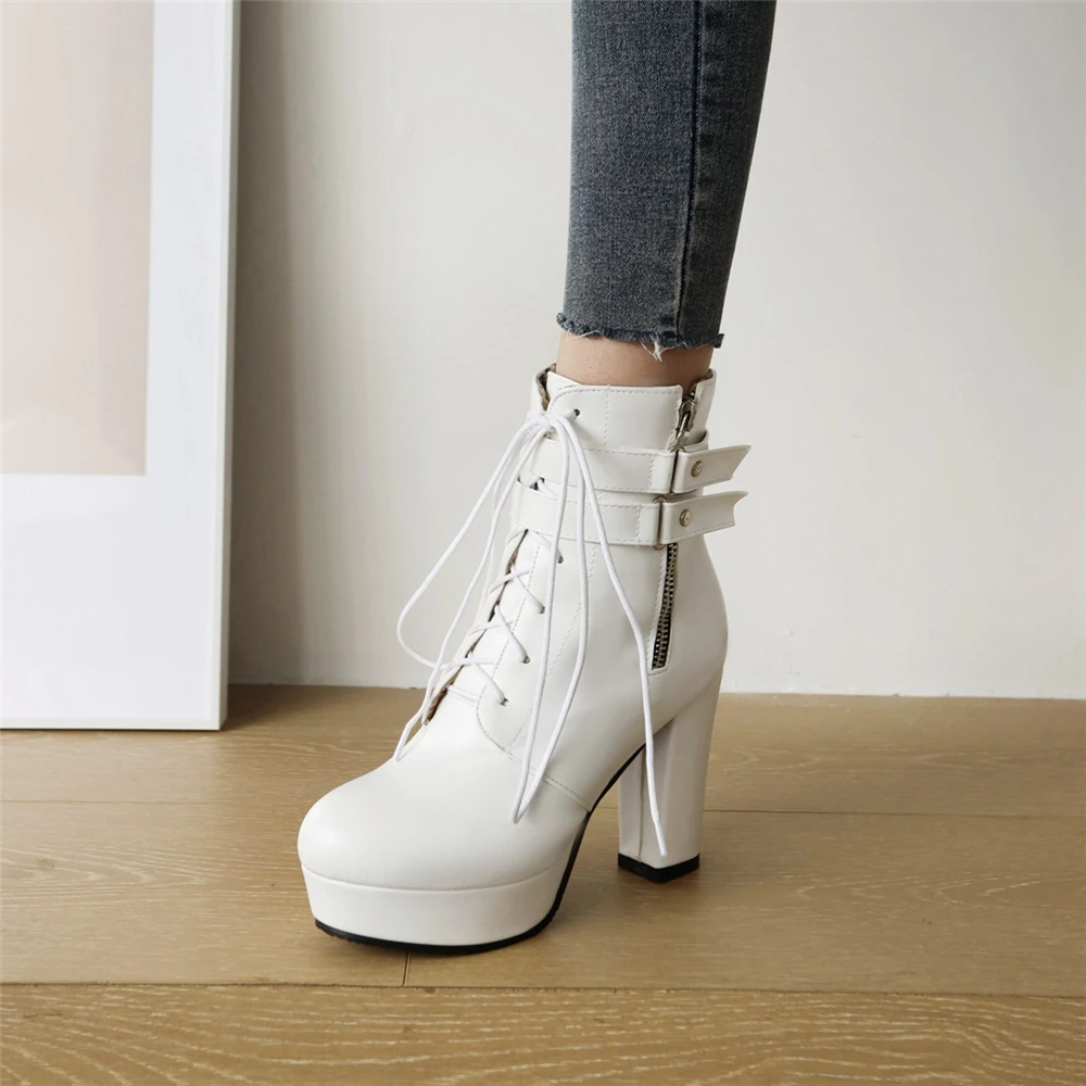 High Heels Women Ankle Boots Lace Up Fall Winter Platform Zip Ladies Boots Round Toe Fashion Shoes White Black Beige Pink 32-43