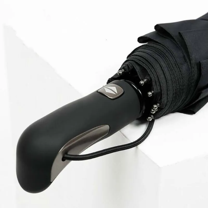 

New Fully-automatic Three Folding Male Commercial Compact Large Strong Frame Windproof 10Ribs Gentle Black Umbrellas
