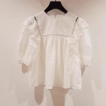 

Hollow lace romantic Ruffle sweet women shirt short sleeve Solid color sweet lady shirt tops 2020 spring summer new