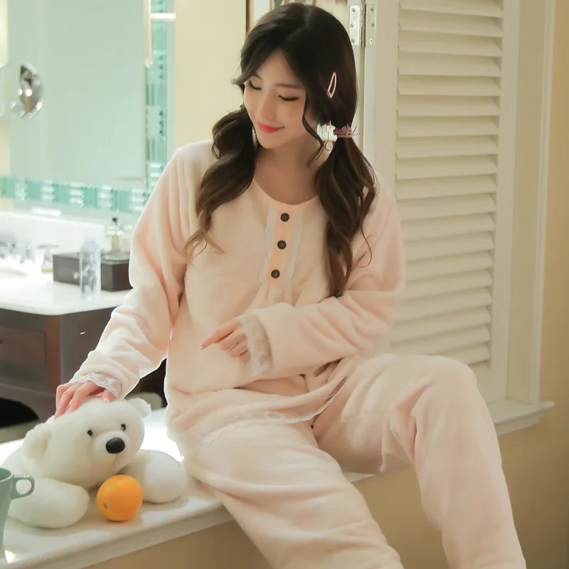 

Winter New Products Flannel Simple WOMEN'S Pajama Suit Plain Color Three Button Lace Warm Tracksuit