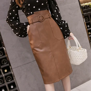 

Skirt Spring Winter Sashes Women PU Leather Sheath Midi Skirts High Waist Knee-Length Wrap Skirts with Pocket Saia Female 919A