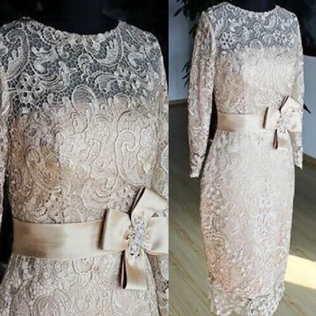 

Lakshmigown Champagne Mother of The Bride Plus Size Short Dresses Tea Length Lace Wedding Party Dress 2019 Robes Pour Marraine