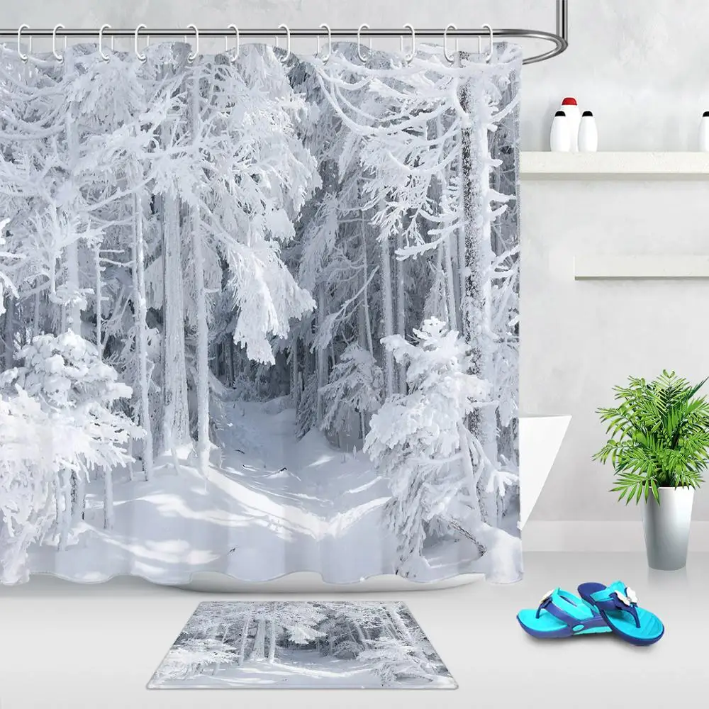 Curtain And Mat Ледяной снег лес морозное дерево зимний пейзаж Ванная комната Водонепроницаемая занавеска для ванны Декор занавеска С 12 крючками и коврик для ванной - Цвет: Curtain And Mat