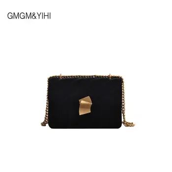 

GMGM&YIHI Women Luxury Chains Black Suedette Bags Plush Wool Bag PU Leather Saddle Bag Ladies Crossbody Bags Girl Flap Handbag