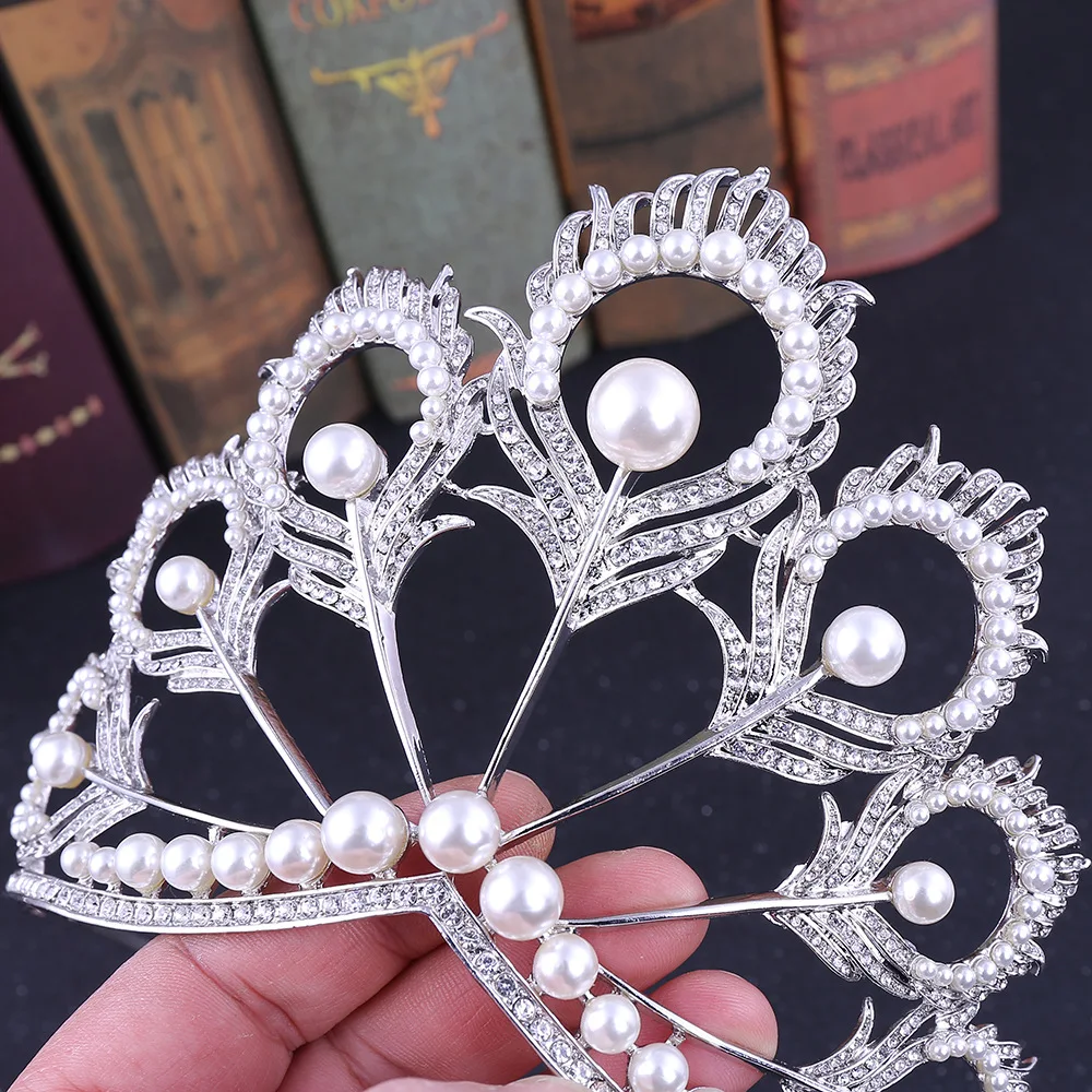 

H1159 Europe And America Man-made Diamond Bride Headdress Peacock Feather Pearl Large Crown Marriage Yarn Formal Dress Accessori