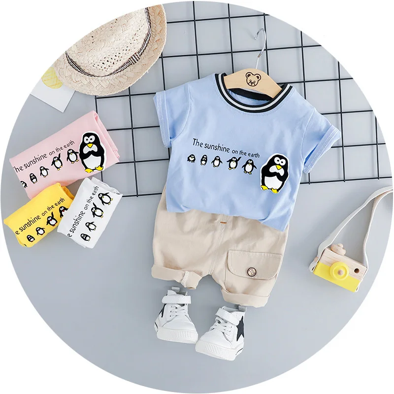 Infant Baby Girl Boys Summer Clothes Active Penguin T shirt Top & Kahki Shorts Set for Toddler Kids 100% cotton Clothing Outwear (18)