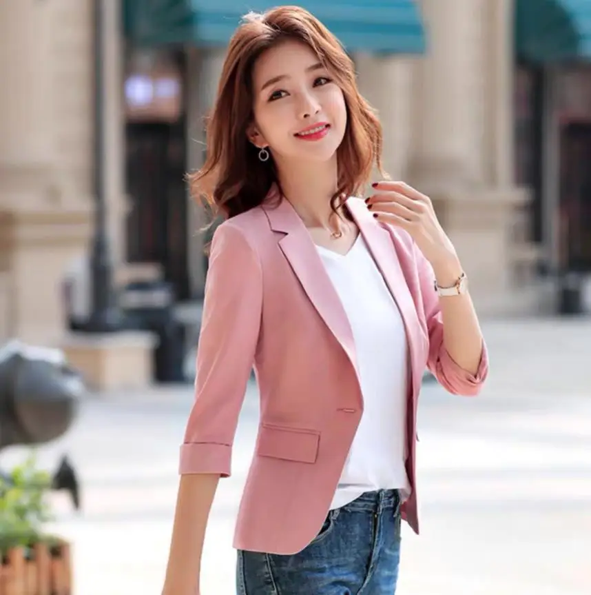

2020 Summer Three Quarter Sleeve Notched Office Lady Women Blazers And Jackets Casual Coat Elegant Blazer Plus Size 3xl