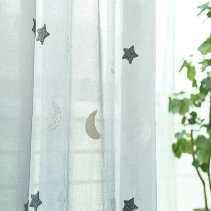 Modern Blue Gradient Tulle Curtain Stars Moon Embroidered Sheer Panel For Living Room Bedroom Kid's room Boy /Girl Curtain 154#4