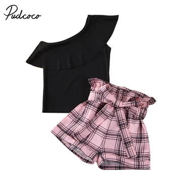 

2-7Y Toddler Baby Girls Clothes Sets One Shoulder Ruffles T Shirts Tops Plaid Print Bow Shorts Summer Baby Sets