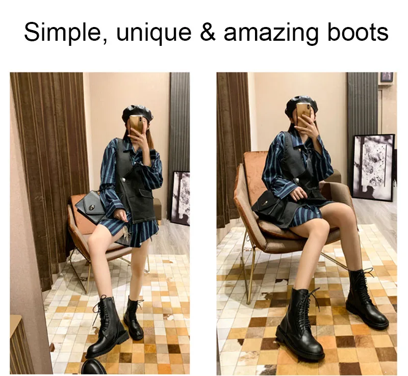 Rimocy Spring Womens Cow Leather Ankle Boots Dark Style Streetwear High Top Platform Block Heel Biker Boots Ladies Shoes