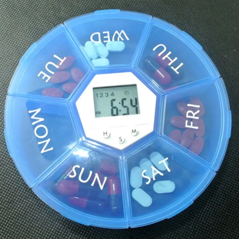 7 Grids Pill Box Electric Reminder Timer Alarm Weekly Round Organizer