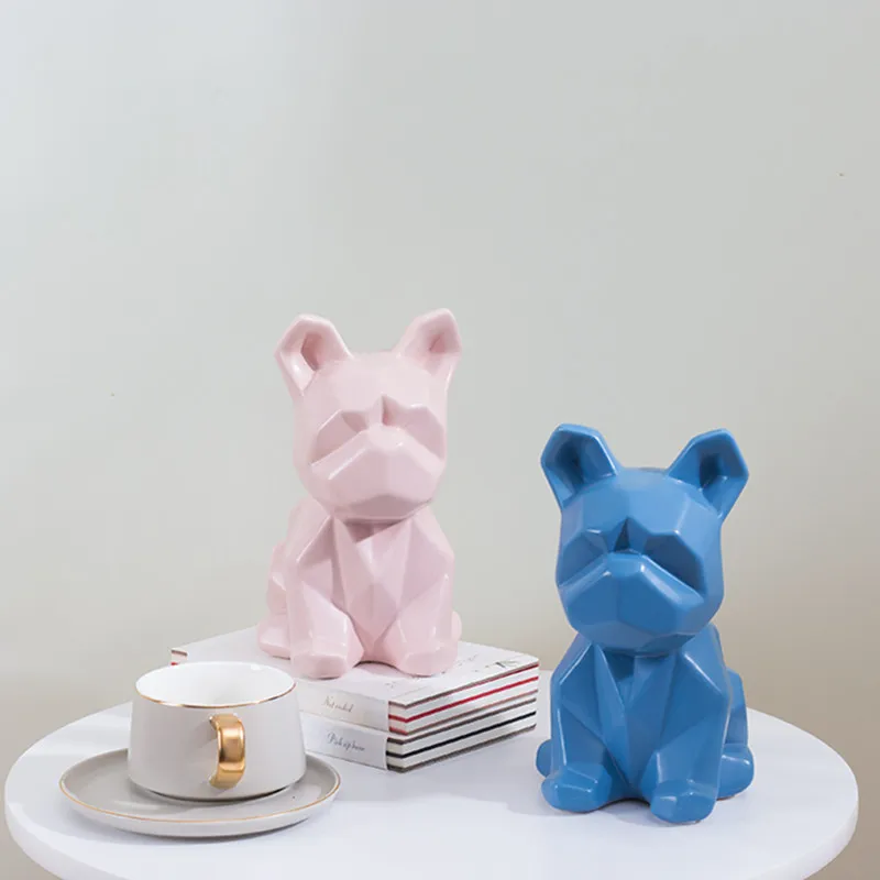  European Style Simulation Animal Geometry French Bulldog Ceramics Statue Creative Children Bedroom  - 4000205438221