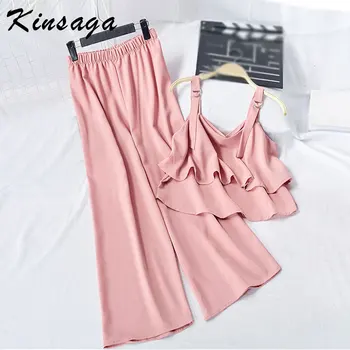 

Women Korean Chi Layered Ruffles Chiffon Tank Tops+wide Leg Pants 2 Pieces Sets Summer Spaghetti Strap Vest Loose Suits Outfits