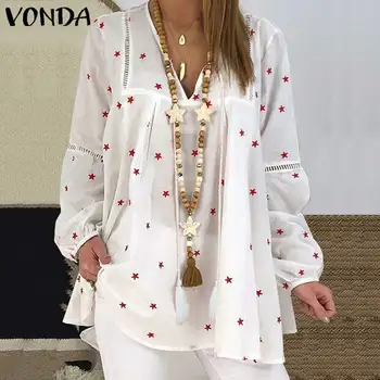 

Women Blouses 2020 VONDA Sexy V Neck Star Printed Tops Autumn Long Lantern Sleeve Shirts Beach Casual Party Bohemian Blusas