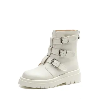 

Retro Metal Buckle Ankle Boots For Women Genuine Leather Chunky Heels Pumps Wedding Office Lady Shoes Woman