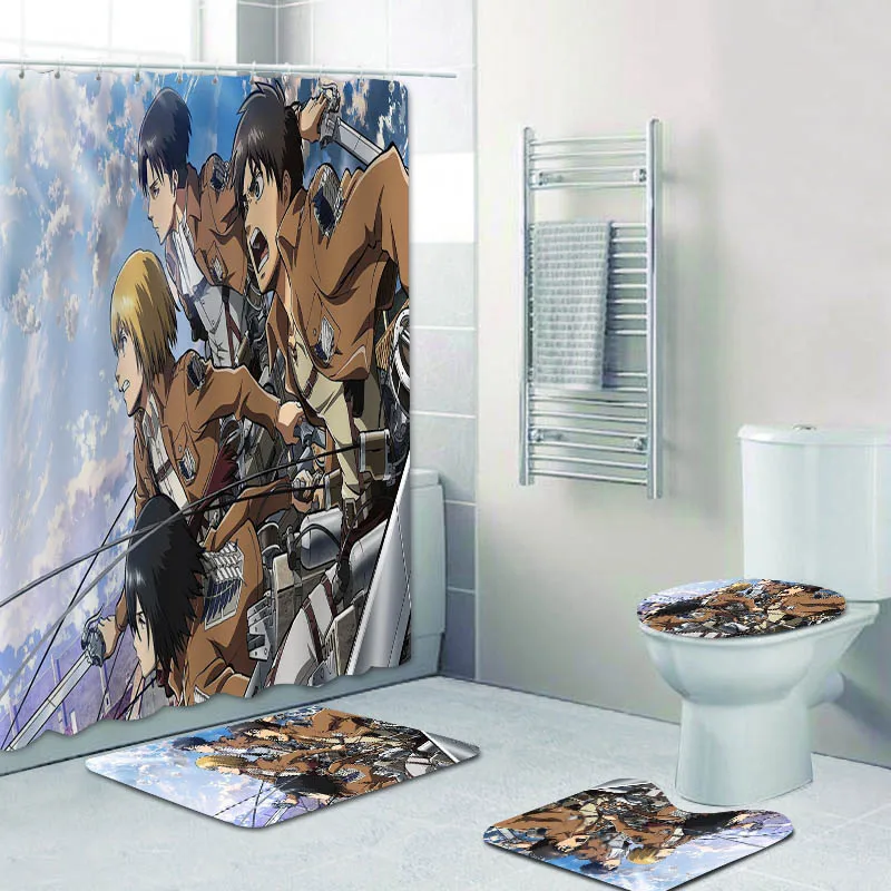 Anime Attack On Titan Poster Bathroom Curtain Shower Curtains Set Ackerman Bath Mats Rugs Toilet Lid Cover Bathtub Home Decor