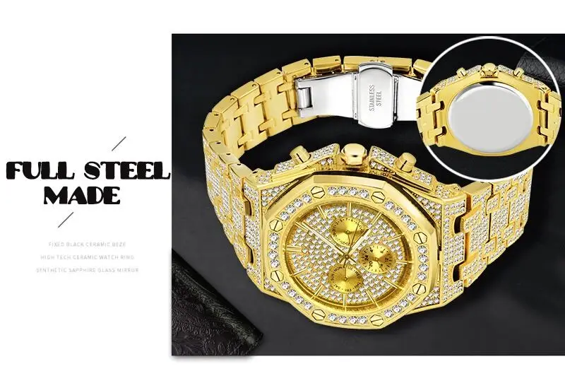 Free Dropshipping Big Men Watches 2020 Luxury Design Classic Waterproof Silver Bling Watch Stainless Steel Bracelet Wristwatch Clock 18K Gold Male Clock  (12)