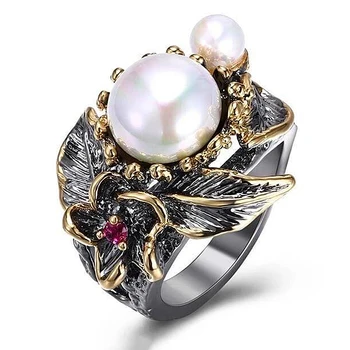 

Vintage Simulated Pearl Plant Leaf Flower Rings For Women Cut Zircon Finger Ring Boho Jewelry Anel Z4T473
