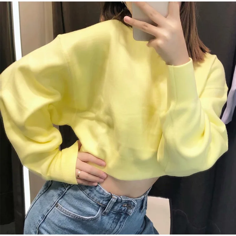 Autumn Casual Solid Short Sweatshirt Pullover Women Long Sleeve Hooded Hoody Ladies Fall Kawaii Women's Hoodies Pullovers