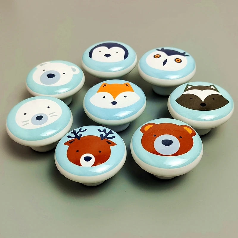 39mm Round Ceramic Single Knobs Fox Animal Furniture Handles for Kids Wardrobe Cupboard Drawer Pulls furniture knobs