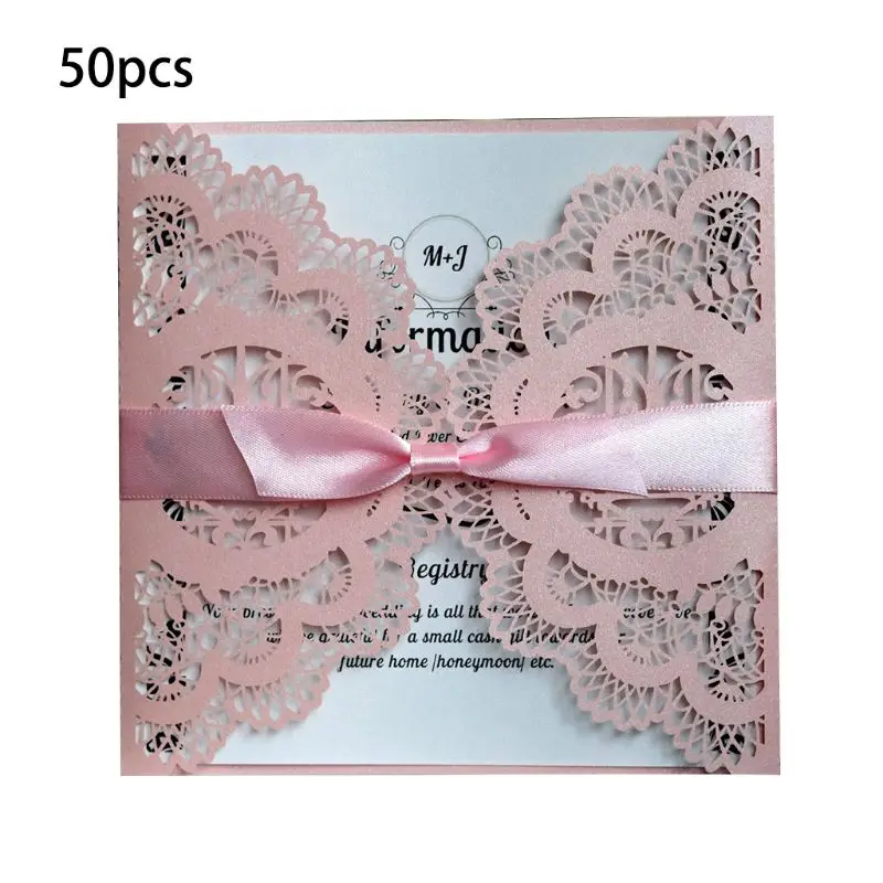 50pcs Wedding Invitation Card with ribbon Laser Cut Floral Glittering Engagement Baptism Invitations Birthday Greeting Card - Цвет: pink