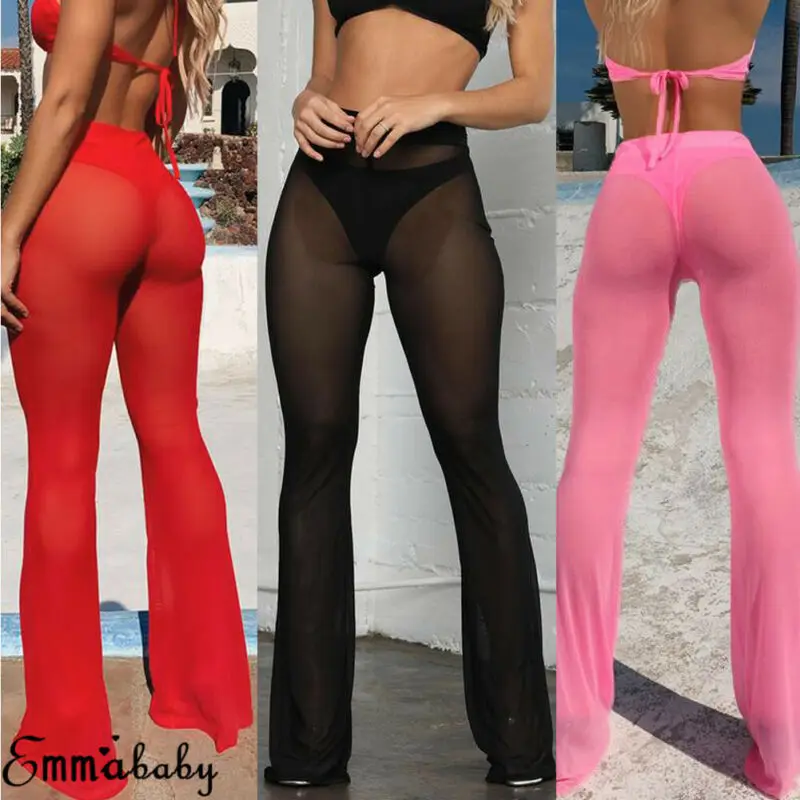 

UK Women Full Length Wide Leg Trousers Lady Evening Party Mesh Sheer Pants 6-16