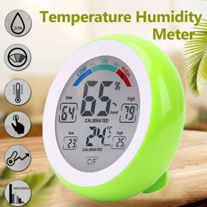 BMBY-LCD Digital Thermometer Indoor Hygrometer Touch Screen Round Alarm Clock Meter - Цвет: Green