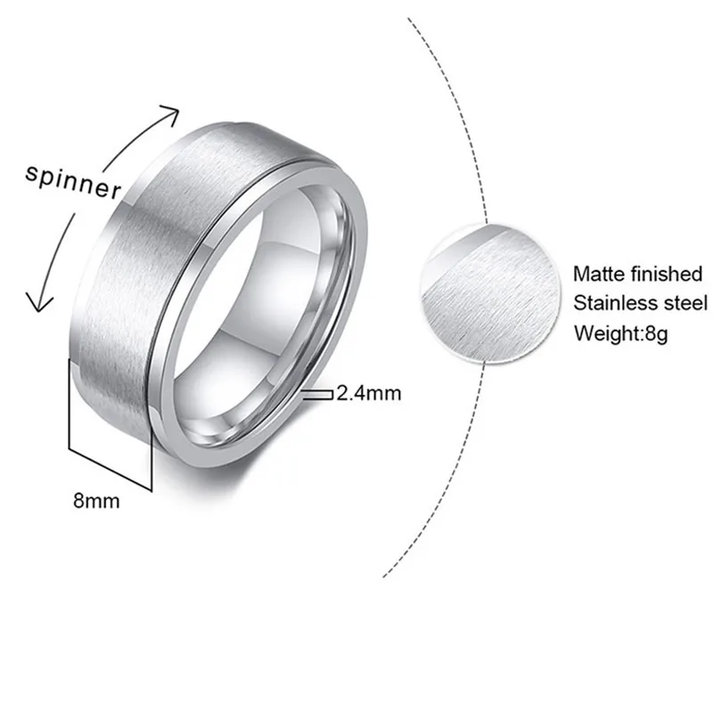 8 мм крутое кольцо-Спиннер в стиле панк для мужчин, аксессуар для снятия стресса, Классические обручальные кольца из нержавеющей стали, Прямая - Цвет основного камня: Silver