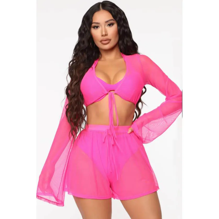 3 piece swimsuit with cover up 2021 Mesh Sheer Bikini Cover Ups 2 Piece Set Women's See Through Swimwear Solid Transparent Crop Tops Shorts Beach Cover Ups sexy swimsuit cover ups Cover-Ups