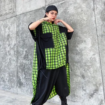 

2020 New Style Spring Summer Hooded Half Sleeve Plaid Patchwork Shirt Casual Loose Irregular Pocket Midi Tops Green Plus Size