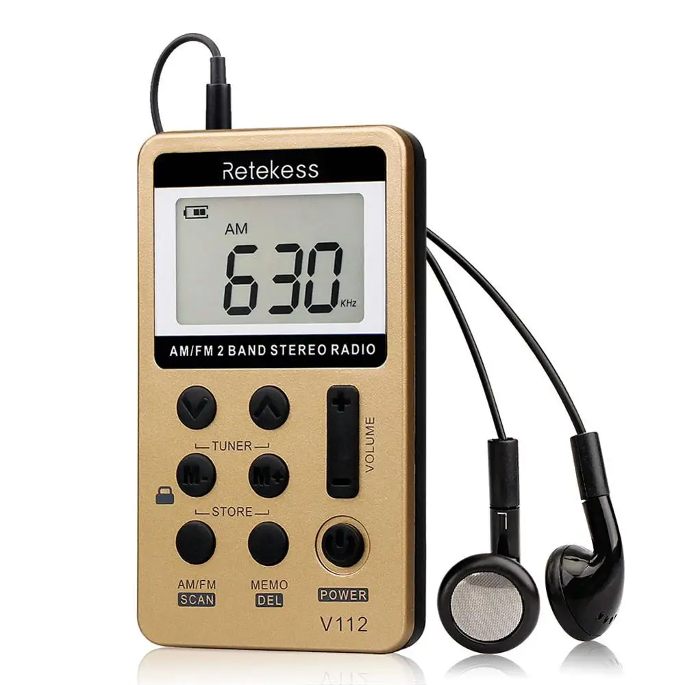 Retekess V112 мини портативный радио портативный FM AM 2 диапазона цифровое карманное радио приемник Динамик для наушников для Walkman Run - Цвет: Золотистый